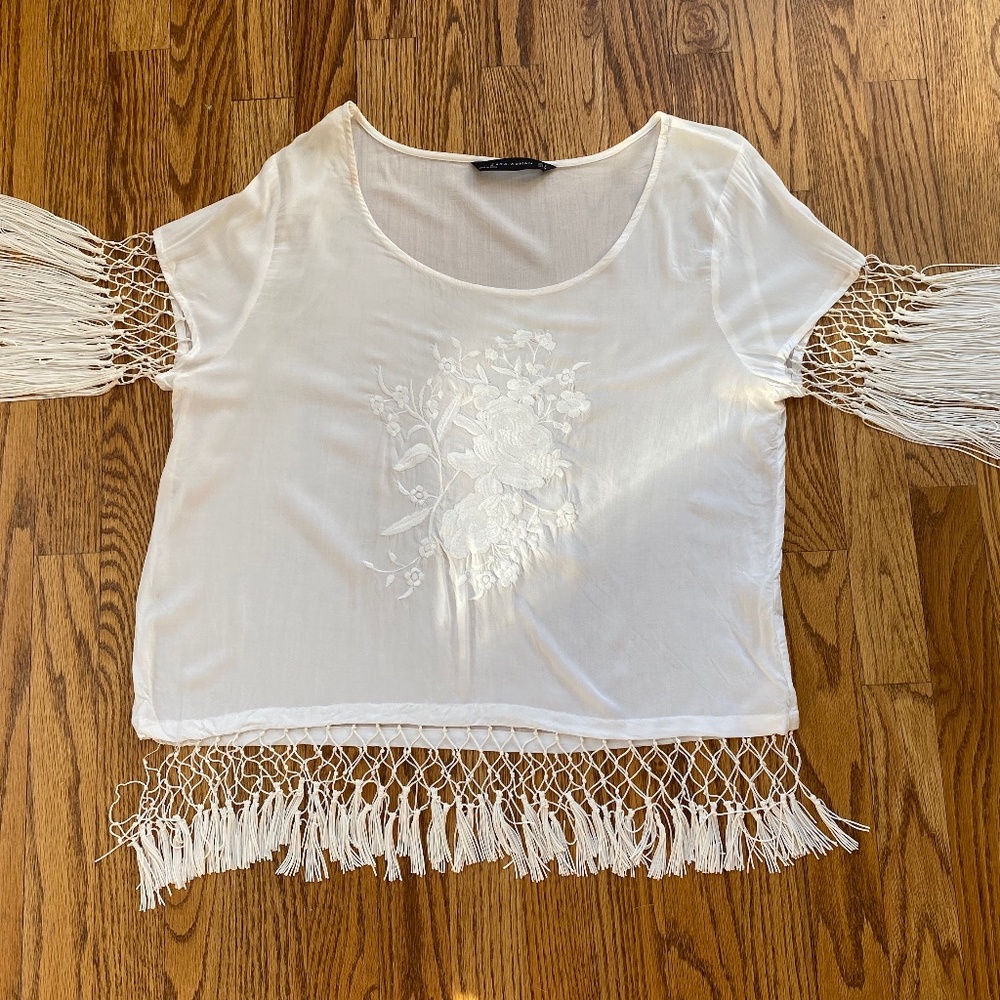 Zara Resort Embroidered Fringe Blouse